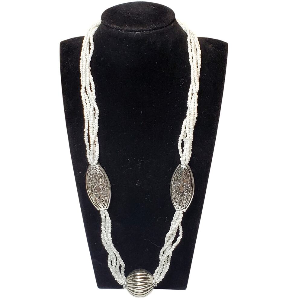 White Seed Bead Multi Strand Necklace 20" Lobster Closure